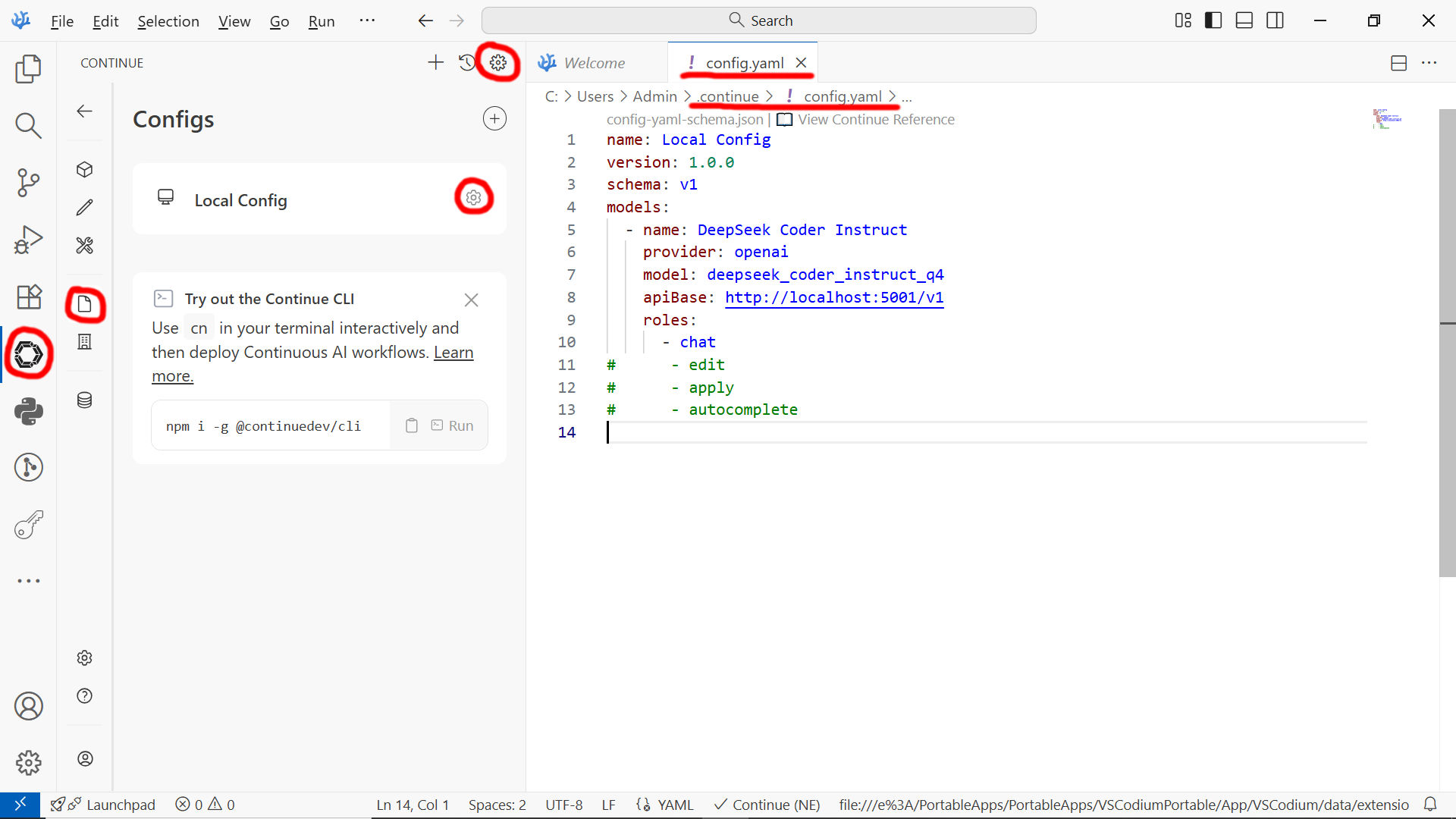 Configuring Continue extention
