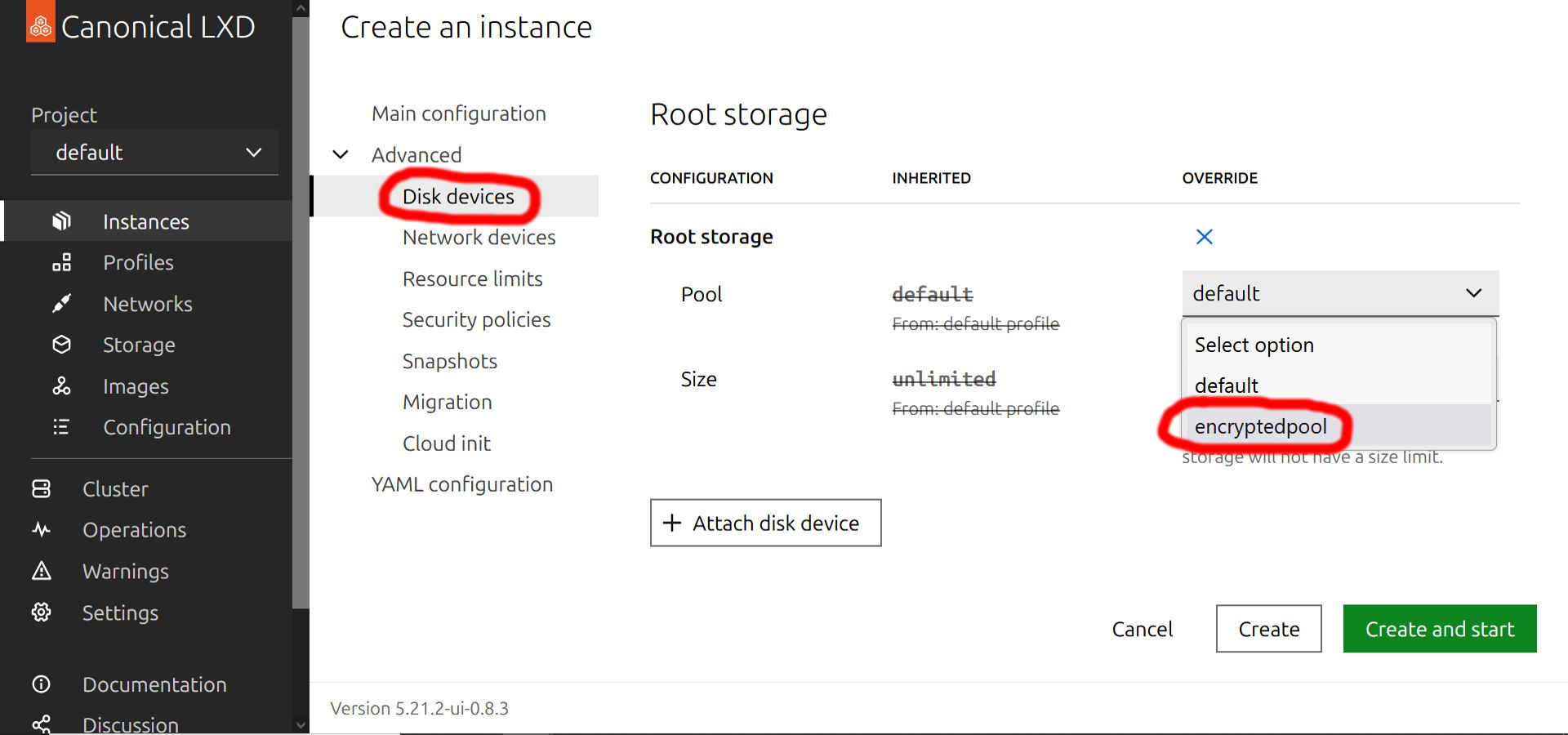 Create LXD instance - pool settings