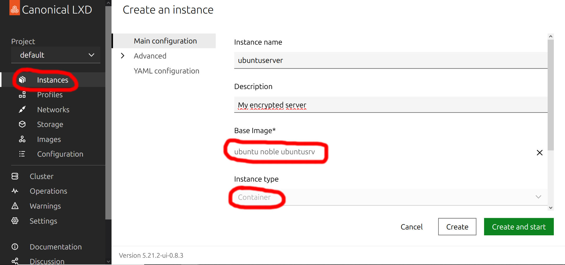 Create LXD instance - basic settings